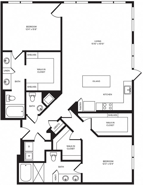 Floor plan for 2 beds, 2 baths, 1632 sqft